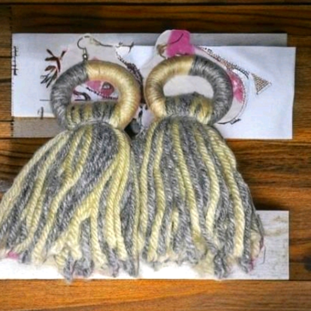 Yellow and grey hoop handmade yarn tassle earrings